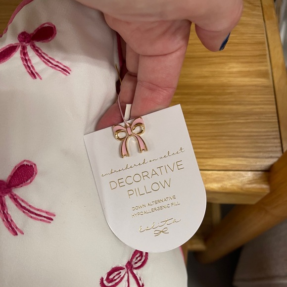 Pink Ribbon Bow Embroidered Faux Velvet Decorative Pillow Coquette NWT - Picture 5 of 5